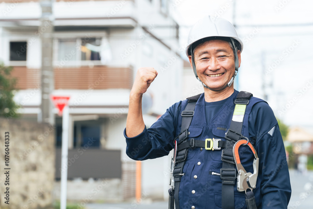 Aufkleber 作業員、シニア、高齢者、笑顔、仕事、ガッツポーズ、建設、工事、元気、がんばる、努力、やりがい、充実、満足、やる気、モチベーション、生きがい、アルバイト、シルバー人材、再雇用、安全、ヘルメット、インフラ、建築、住宅、職人、大工、フルハーネス、電力、電気、技師、エンジニア、住宅街、チャレンジ、挑戦、働く、現場、高所作業、日本人、男性、パワー、パワフル、体力、労働者、定年、業者、工務店、修繕、修理、人物
