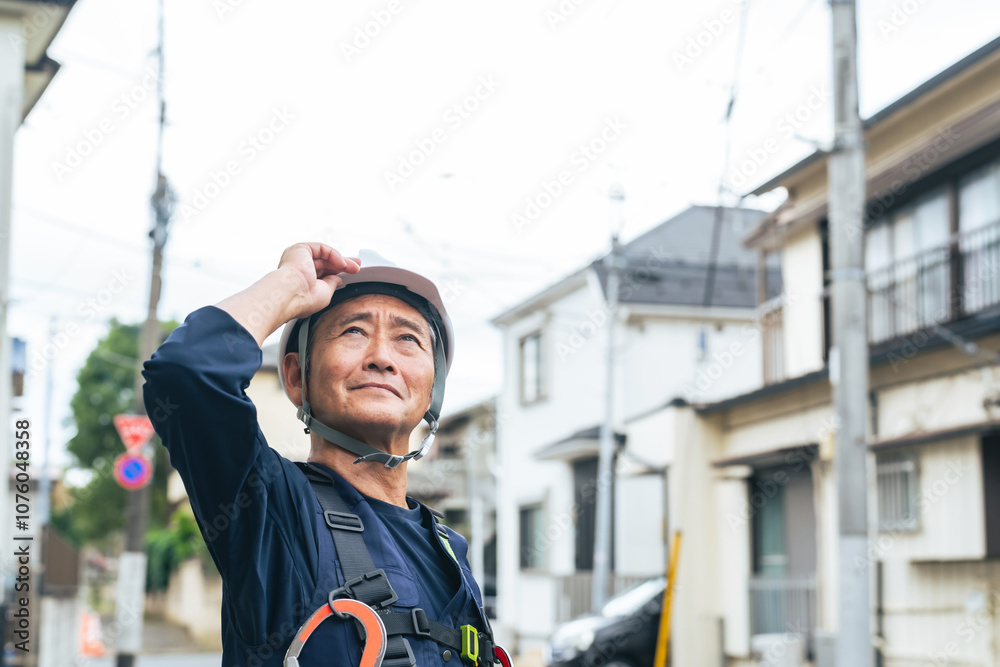 Poster 作業員、シニア、住宅、建築、建設、工事、現場、インフラ、電力、安全、道路、保守、男性、日本人、職人、大工、仕事、職業、修理、修繕、復旧、復興、防災、災害、配管、ヘルメット、危険、下請け、親方、中小企業、ベテラン、人材、シルバー、作業服、エンジニア、技師、技能職、フルハーネス、消防、レスキュー隊、シリアス、住宅街、会社、施工、業者、工務店、電気、プロフェッショナル、働く、人物