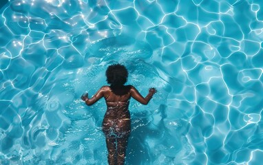 Tropical vacation poster. African American woman standing in the water enjoying her slow cation in swimming pool, back view. Young black lady with curly hair relaxing, refreshing. Inclusivity concept