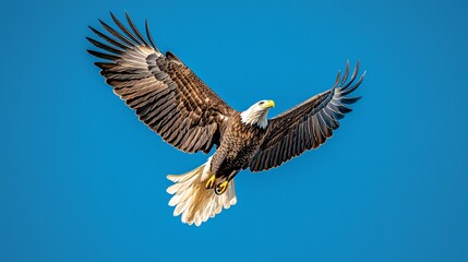 Obraz premium Majestic American Bald Eagle Soars Through Clear Blue Sky Displaying Strength and Grace in Flight Over Natural Landscape