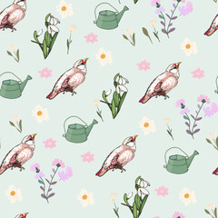 Pattern featuring birds and flowers with green watering cans on a soft pastel background.  © Anastasiia