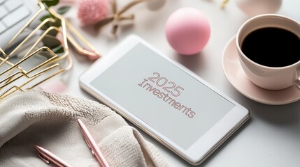 A serene workspace featuring a smartphone, a cup of coffee, and pastel decorations, evoking a cozy and productive atmosphere.