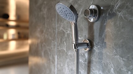 Modern showerhead mounted on a sleek marble wall.