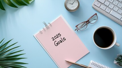A pink notebook titled "2025 Goals" is placed on a blue desk, surrounded by a coffee cup, glasses, a plant, a clock, and a keyboard, emphasizing productivity and planning.