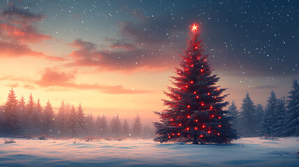 Snowy Christmas tree under the night sky with festive decorations and stars in a winter landscape