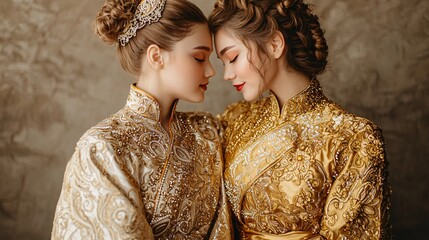 Two Royalty-Clad Women Engaged in a Serene Moment, Showcasing Elegant Garments with Intricate Gold Embroidery and Regal Hairstyles Against a Soft Background