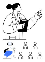 Female doctor with clipboard giving directions. Patient seated with IV. Group of people. Ideal for healthcare medical consultation, hospital, communication, patient care, guidance, teamwork. Line
