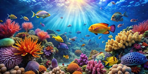 Colorful coral reef scene with tropical fish swimming freely, seaweed, water, waves, blue