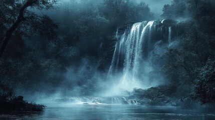 Mystical Waterfall in a Misty Forest