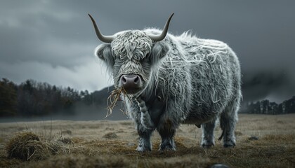 A white Highland cow with long horns stands in a field, looking at the camera. The cow is eating grass and has a dark nose. The background is a misty forest and a gray sky.