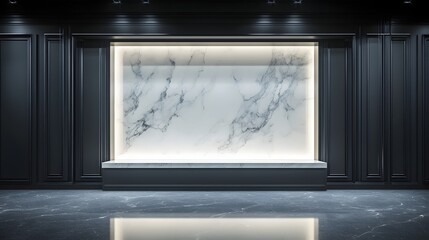 3. A high-end luxury showcase with a polished marble surface, dramatic lighting, and a clear, empty space for product placement.