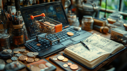 miniature model of a shopping cart lying on a laptop keyboard, next to it lies an open notebook and a pen and a few coins.