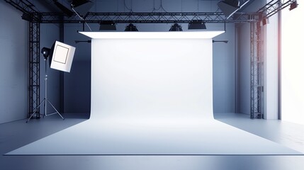 Blank white square stand against a white wall.Podium with illuminating spotlights. Minimalistic modern stand for presentation and advertising of your products