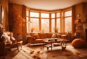 Fototapeta premium home apartment lounge decor orange livingroom gorgeous caramel colors interior decoration idea beautiful fall vintage lamp retro plant pillow architecture sofa floor table brown furniture 