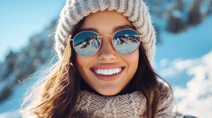 A Woman in a Knitted Hat and Sunglasses Smiling with a Mountain Reflection
