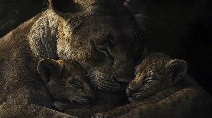 Naklejka premium A lioness tenderly cradles her two cubs, their eyes closed in peaceful slumber. The soft, warm light illuminates their fur, creating a sense of love and protection.