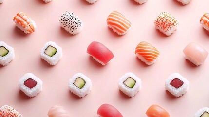 Obraz premium Tiny 3D Sushi and Sashimi Patterns Arranged in Minimalist Zen Inspired Background