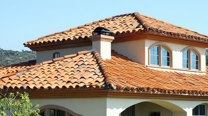 Obraz premium Beautiful Mediterranean Style House with Classic Terracotta Roof Tiles Nestled in a Scenic Landscape Under Clear Blue Sky in Daylight