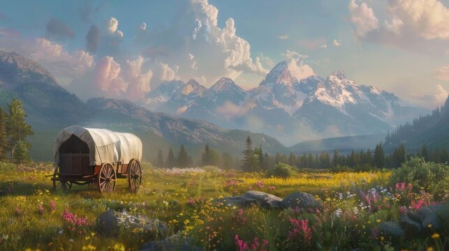 A covered wagon caravan glides through a vibrant meadow of wildflowers, bathed in warm evening light with mountains in the backdrop