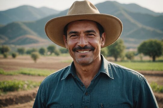 Close portrait of a smiling 40s Mexican male farmer standing and looking at the camera, outdoors Mexican rural blurred background