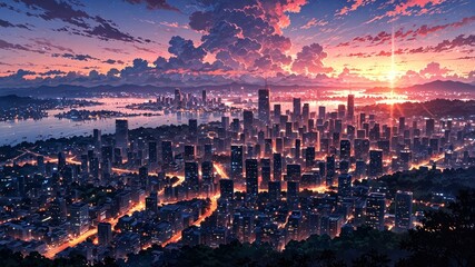 Anime City Skyline at Dusk with Vibrant Colors