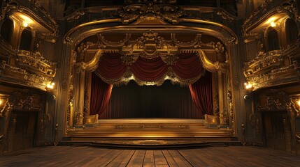 Obraz premium Grand Vintage Theater Stage with Opulent Red Curtains and Ornate Gold Decorations, Perfect for Dramatic Performances and Artistic Showcases