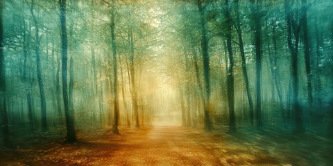 Fototapeta premium Peaceful forest scene with ethereal light filtering through trees, creating a tranquil atmosphere for nature lovers.