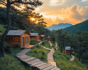 sustainable travel destinations, Rustic Cabins Nestled in Scenic Mountain Landscape
