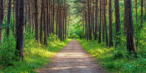 Obraz premium A serene dirt path lined with tall trees, inviting tranquility and exploration in a lush green forest.