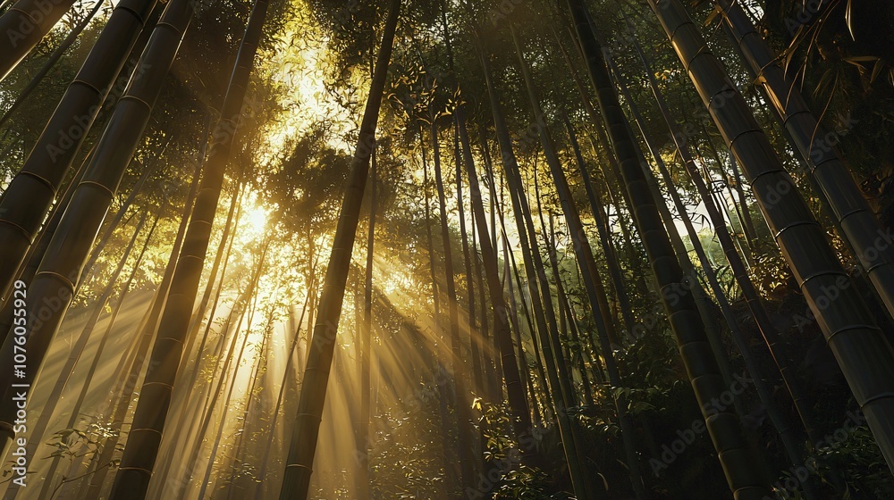 Poster golden sunlight illuminates a dense bamboo forest creating a tranquil nature scene for relaxation an
