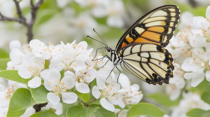 Vibrant Monarch Butterfly Perched on Delicate White Blossoms Surrounded by Lush Green Foliage, Showcasing Nature's Beauty and Intricacies in Early Spring