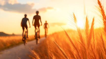 Fototapeta premium Silhouettes of cyclists riding through a golden field at sunset, embodying freedom and adventure.