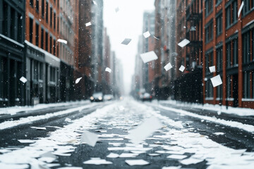 Fototapeta premium Snowy street scene with falling snow and paper, creating a tranquil winter atmosphere.