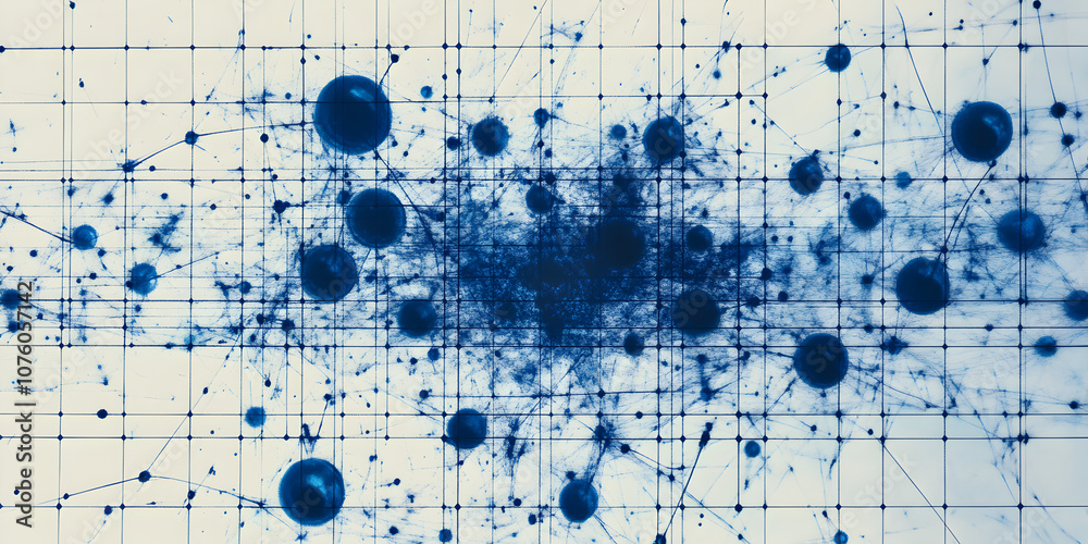 Poster abstract network visualization: a mesmerizing web of interconnected blue nodes and delicate lines ag