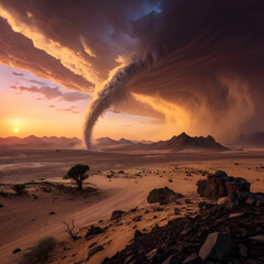 A swirling sandstorm engulfs a barren desert landscape.