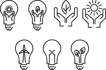 Ecology themed outline elements and retro light bulb icon set. Icons for renewable energy, green technology. Hands, light bulb, leaf, solar energy and wind turbine. 