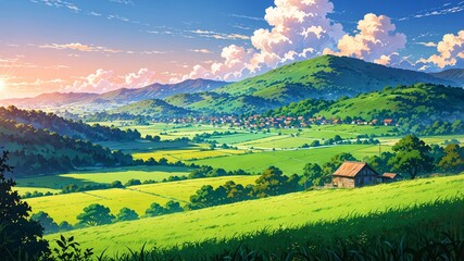 Fototapeta premium Stunning Countryside in Anime Style with Vibrant Colors