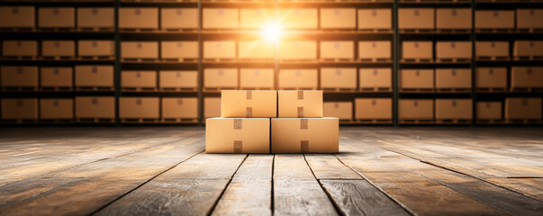 Sunlit storage area with stacked boxes on wooden floor, representing logistics and commerce.