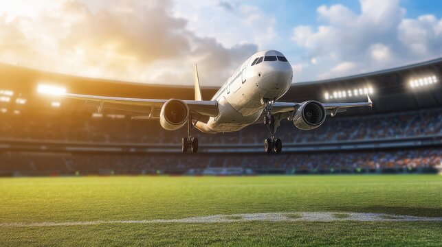 Aerial View of Airplane Over Sports Stadium at Midday - Powered by Adobe