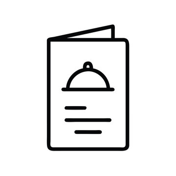 recommend clip art: Restaurant menu icon in black outline, Vector illustration of a restaurant menu with a cloche symbol, shown in a simple black outline style, representing food options and dining services.
                    