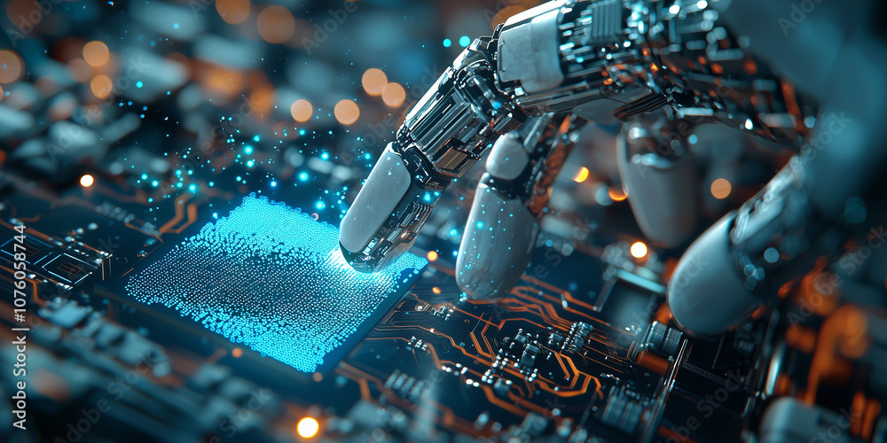 Poster robotic hand interacts with glowing microchip on circuit board, symbolizing advanced technology and innovation in electronics