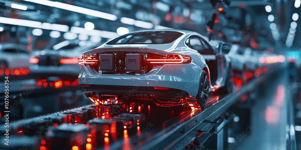 Aufkleber sleek electric vehicle on automated assembly line, showcasing advanced technology and innovation in 