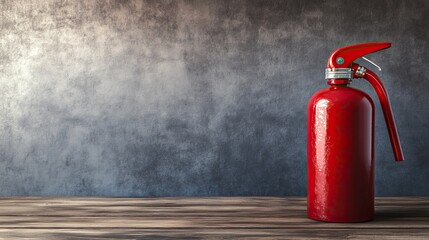 Obraz premium Bright Red Fire Extinguisher Standing on Rustic Wooden Table Against Textured Gray Wall Background, Symbolizing Safety and Fire Prevention