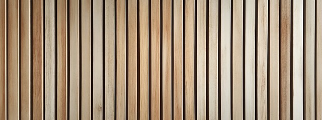Fototapeta premium Wooden wall background with vertical slats, texture of natural wood paneling for interior design or backdrop. Wooden paneling wall. 