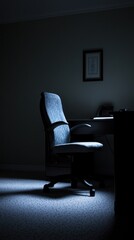 A dimly lit office space featuring a chair and desk, evoking a sense of solitude.