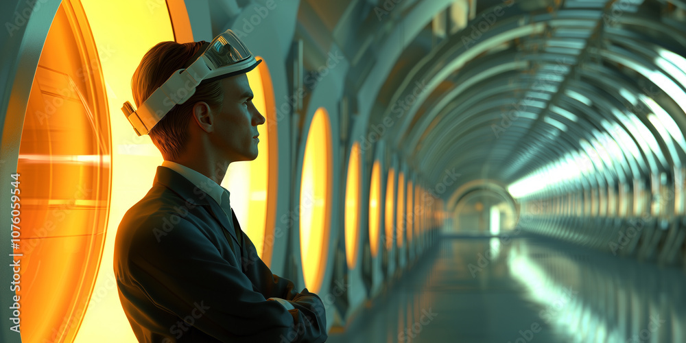 Poster man wearing virtual reality goggles stands in futuristic tunnel with glowing orange lights, contempl