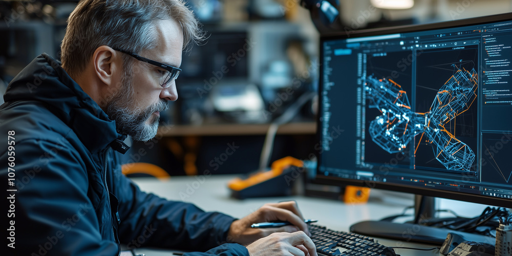 Aufkleber engineer focused on designing complex mechanical structure on computer screen in modern office. workspace is equipped with advanced technology and tools, reflecting innovation and precision