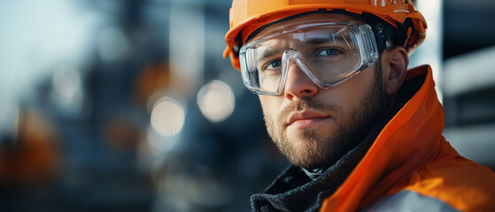 focused engineer in safety gear, including orange helmet and goggles, stands confidently at construction site, showcasing professionalism and dedication to safety standards