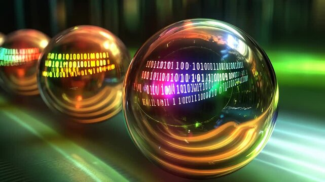 A row of glass orbs displaying binary code sit on a green surface with colorful light streaks