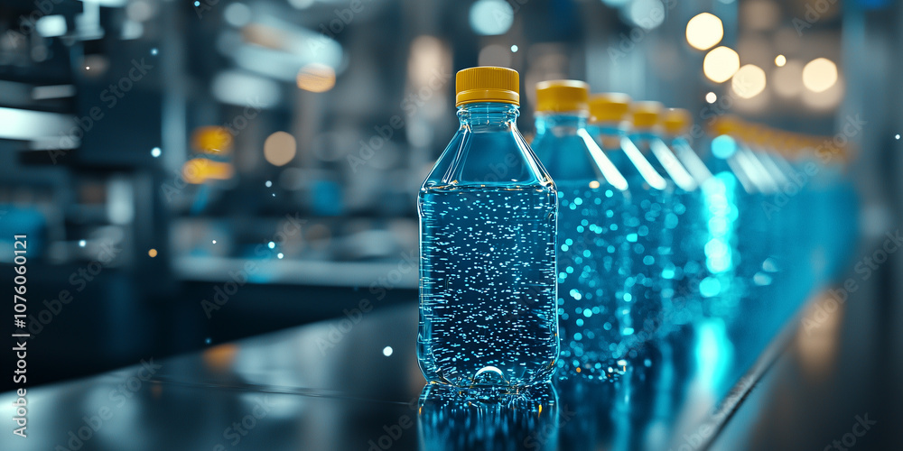 Aufkleber row of plastic bottles with yellow caps is lined up on conveyor belt in factory setting, highlightin